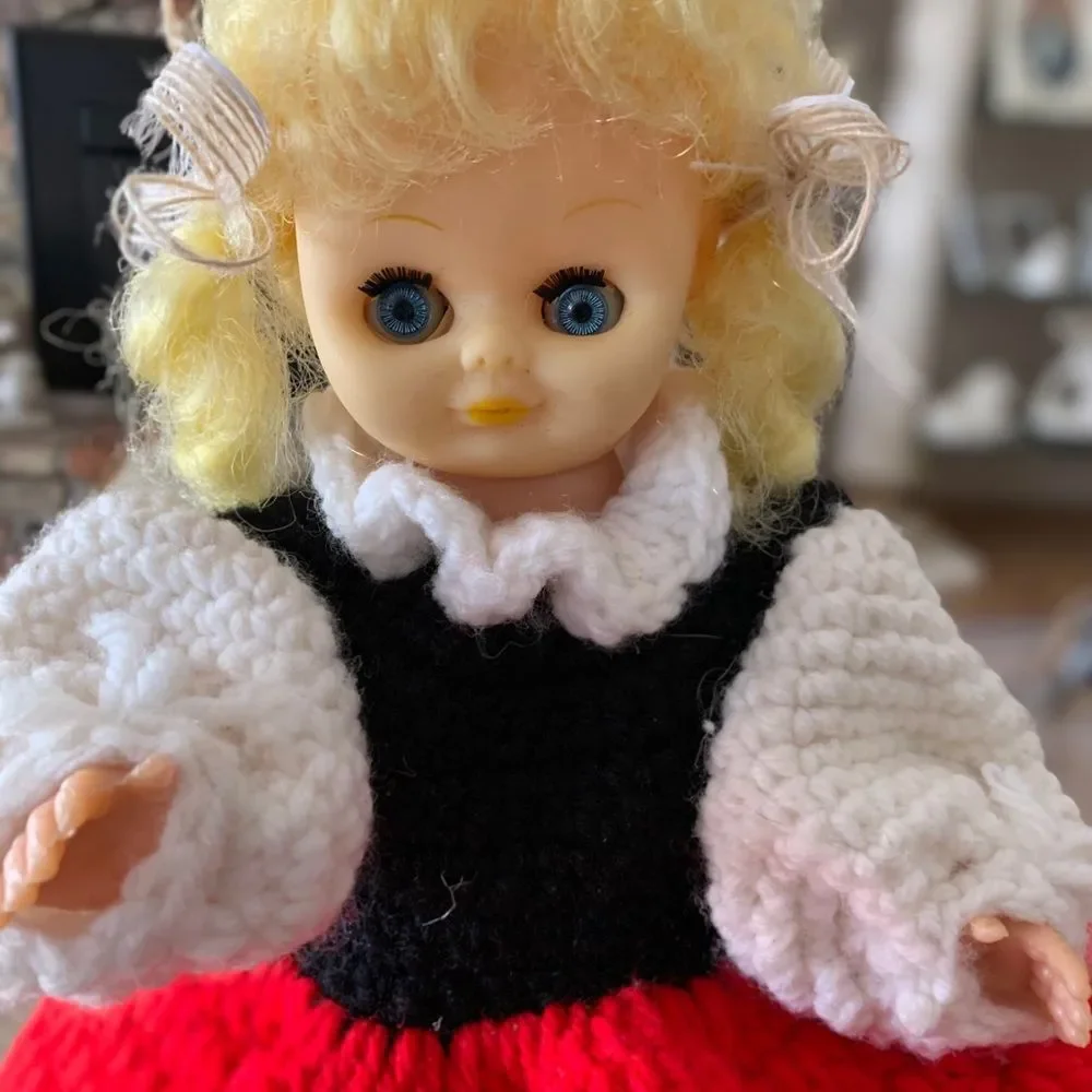 Vintage doll with hand knitted clothes, adorable, rare find, size 13 in